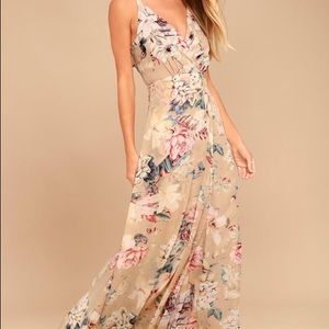Beige Floral Print Maxi Dress